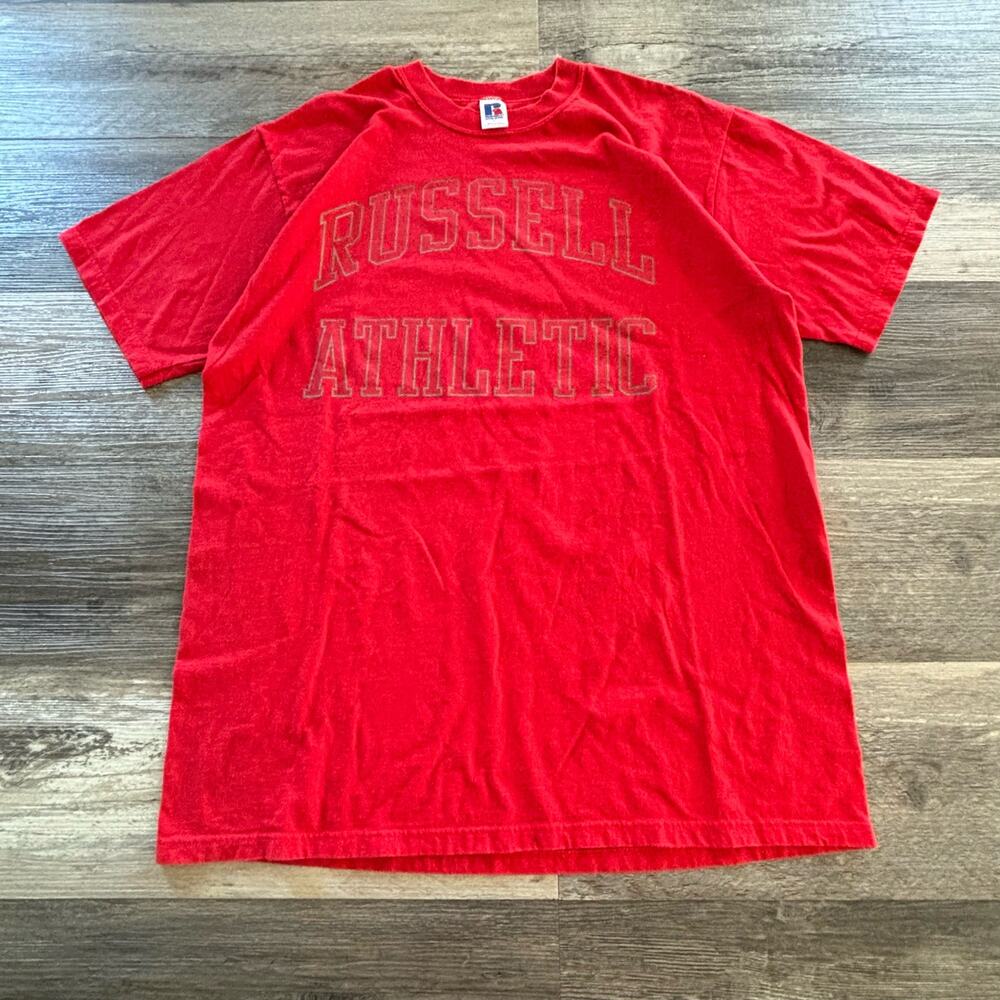 Vintage Russell Athletics‎ Red USA Made Athletic Front Logo T-shirt Spellout